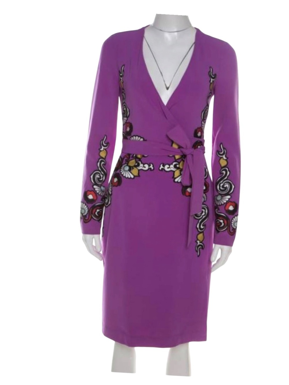 Diane von Furstenberg Floral Purple Wrap Dress Embroidered Long Sleeve Midi Sz 6 - Picture 3 of 6